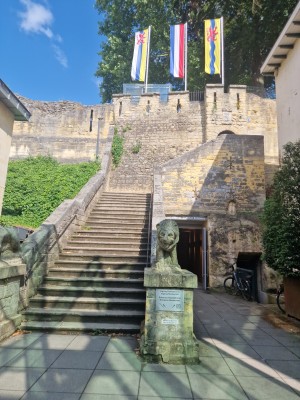 
                            <b>Borstbeeld en trap leiden naar historische stenen muur met vlaggen erboven.</b><br>
                                                        <b>ISO:</b> 50 | <b>Sluitertijd:</b> 1/6024 | <b>Diafragma:</b> f/1.8 | <b>Datum:</b> 2025-06-26

                        