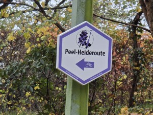 
                            <b>Wegwijzer voor Peel-Heideroute fietspad met pijl naar links.</b><br>
                                                        <b>ISO:</b> 320 | <b>Sluitertijd:</b> 1/50 | <b>Diafragma:</b> f/3.4 | <b>Datum:</b> 2025-11-16

                        