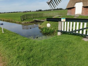 Traditionele windmolen met ophaalbrug bij watergang.